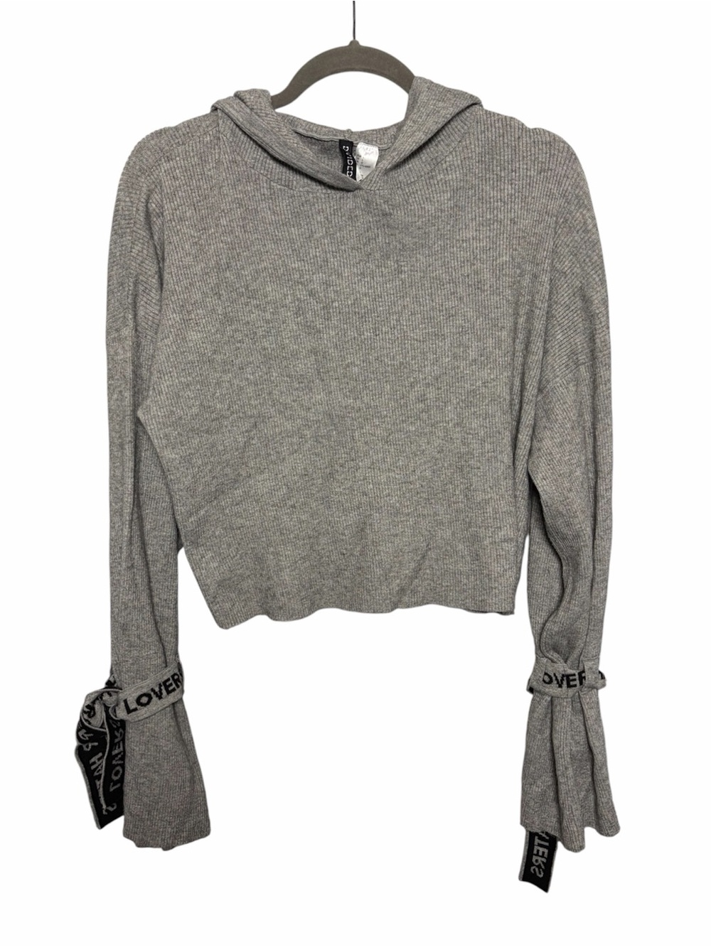 H&M Hooded Cropped Sweater Gray “Lovers Haters” Sleeve Tie Size Large
